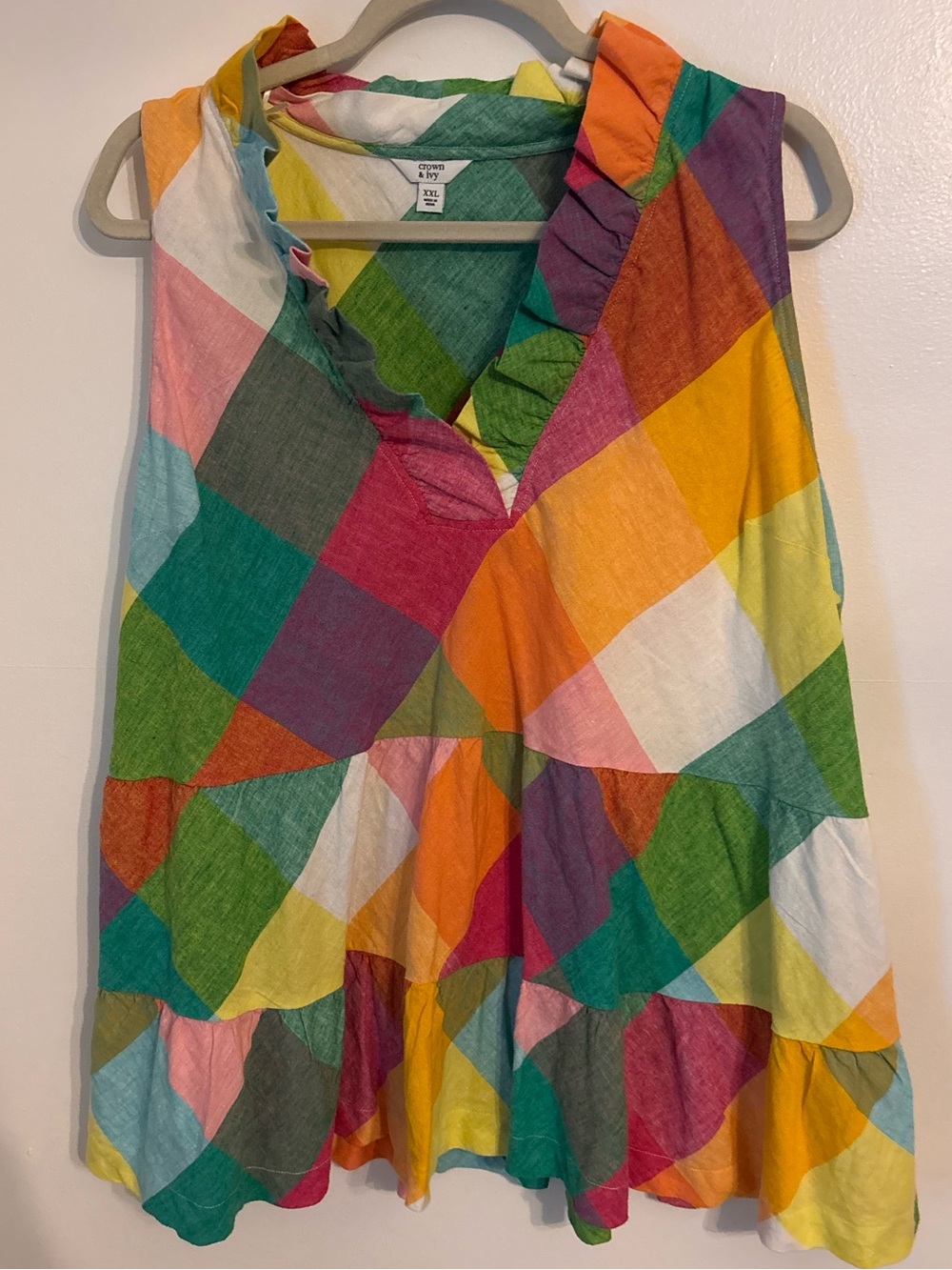 crown & ivy Plaid Ruffle V-Neck Linen blend Tunic
